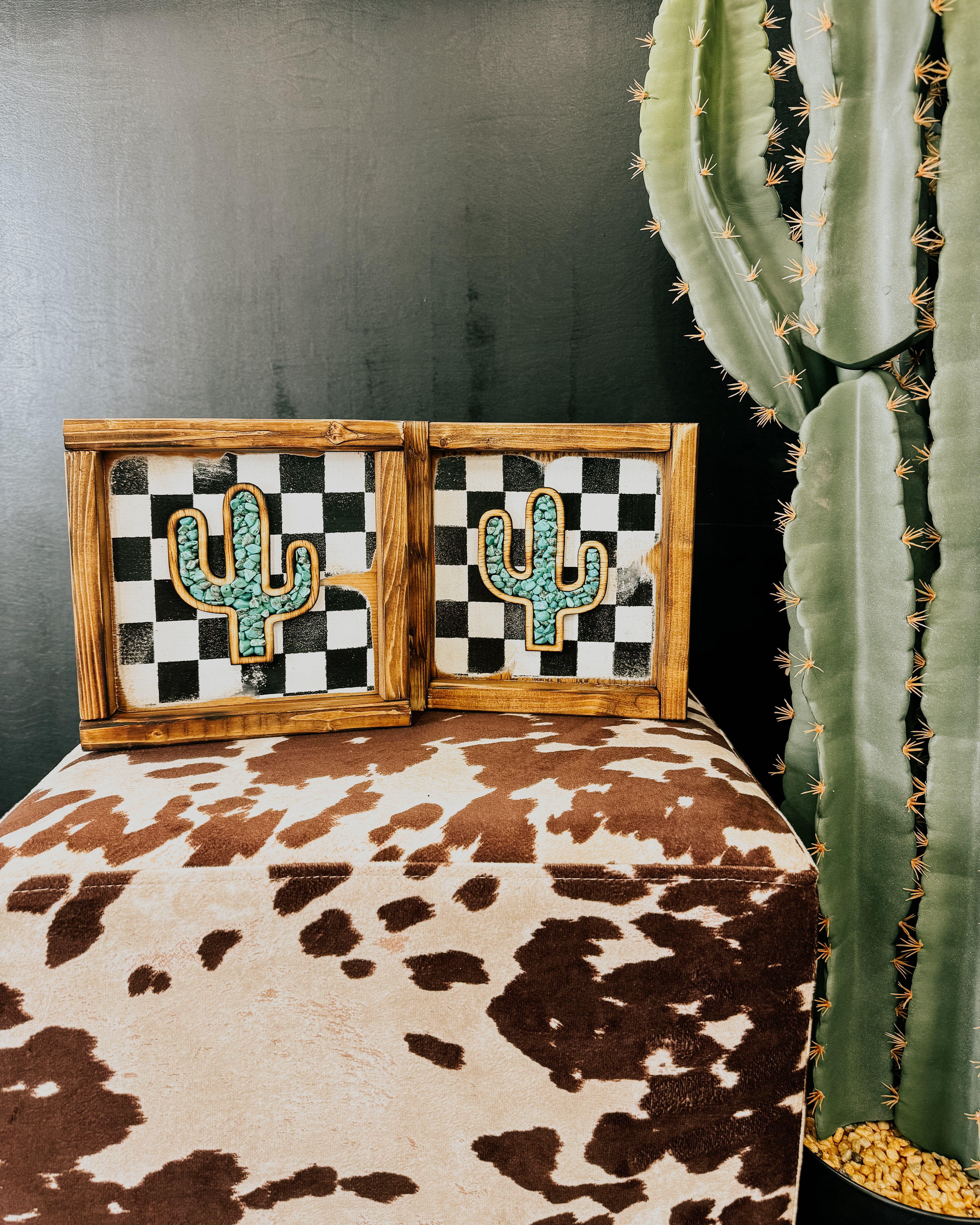 Steer & Cactus Small Checkered Stone Inlay Framed Sign
