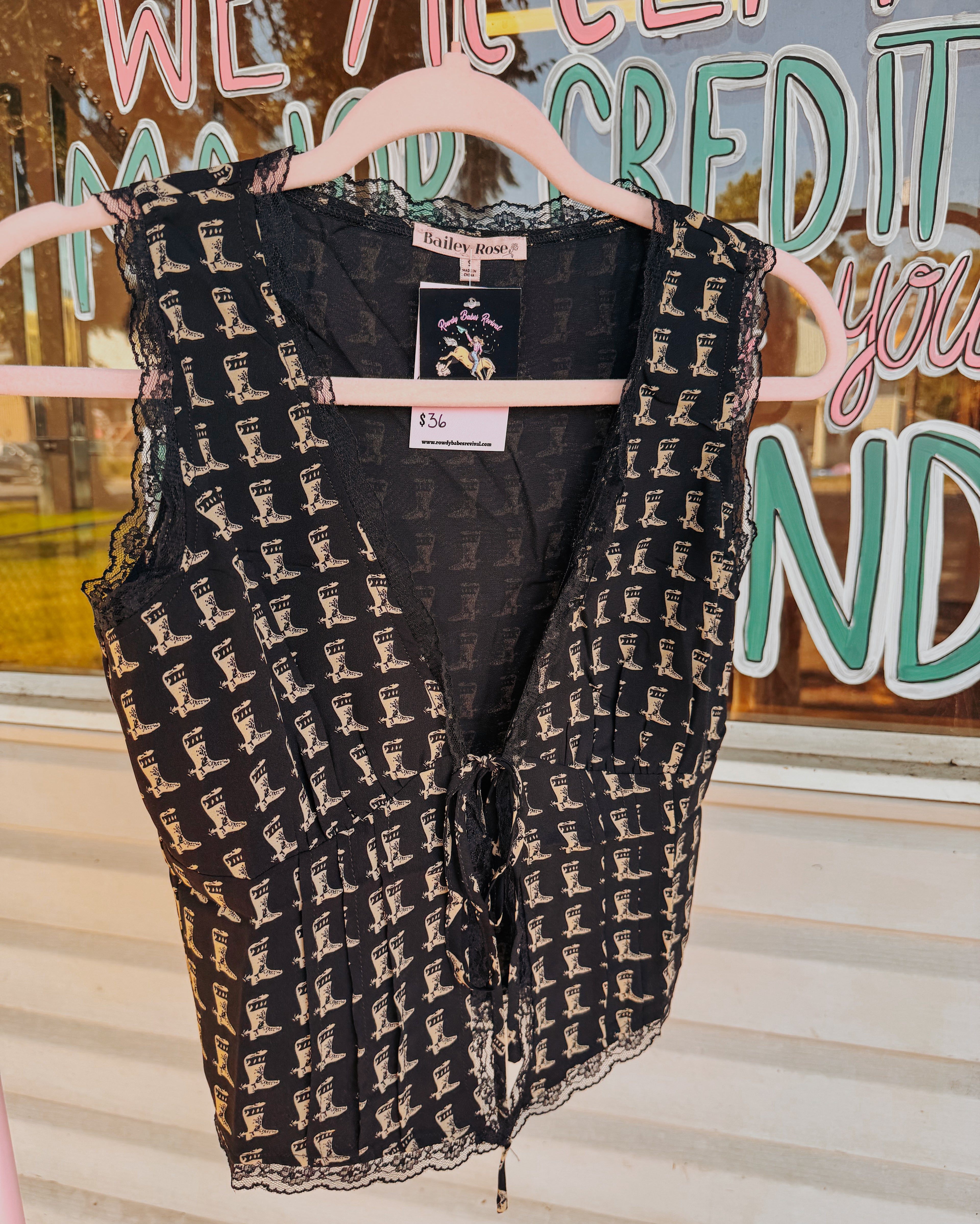 Boots Pattern Front Tie Top