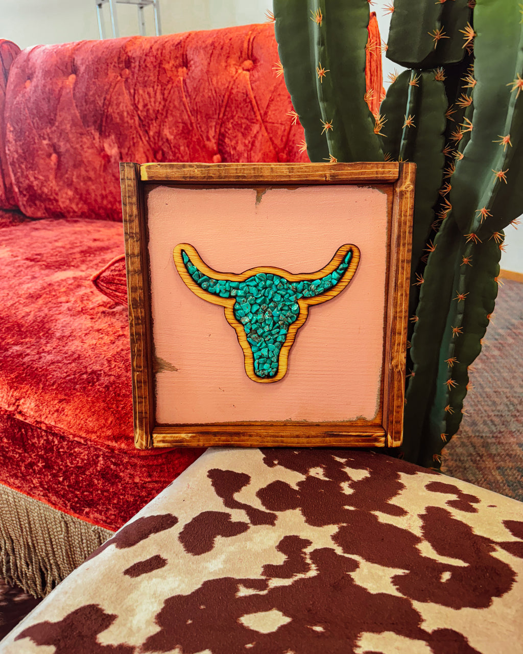 Large Stone Inlay Steer Skull Framed Sign