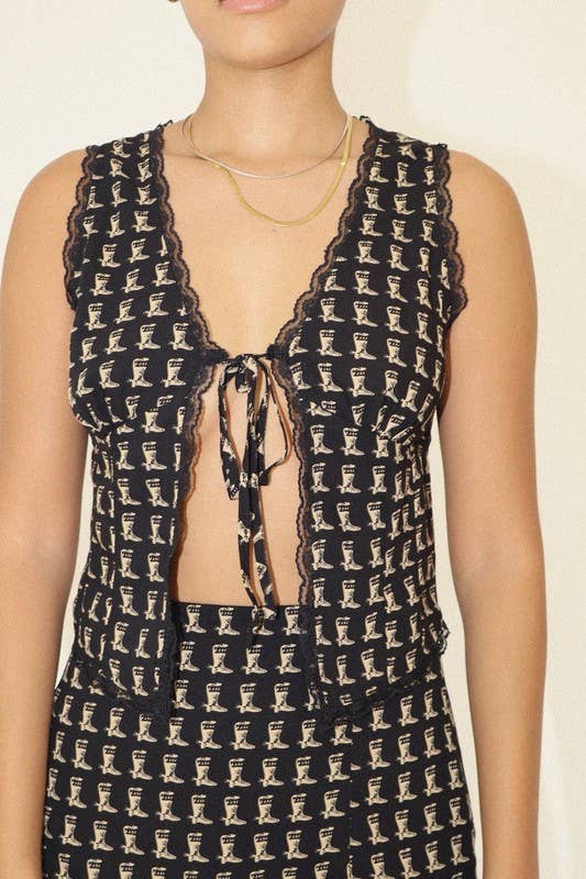 Boots Pattern Front Tie Top