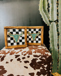 Steer & Cactus Small Checkered Stone Inlay Framed Sign
