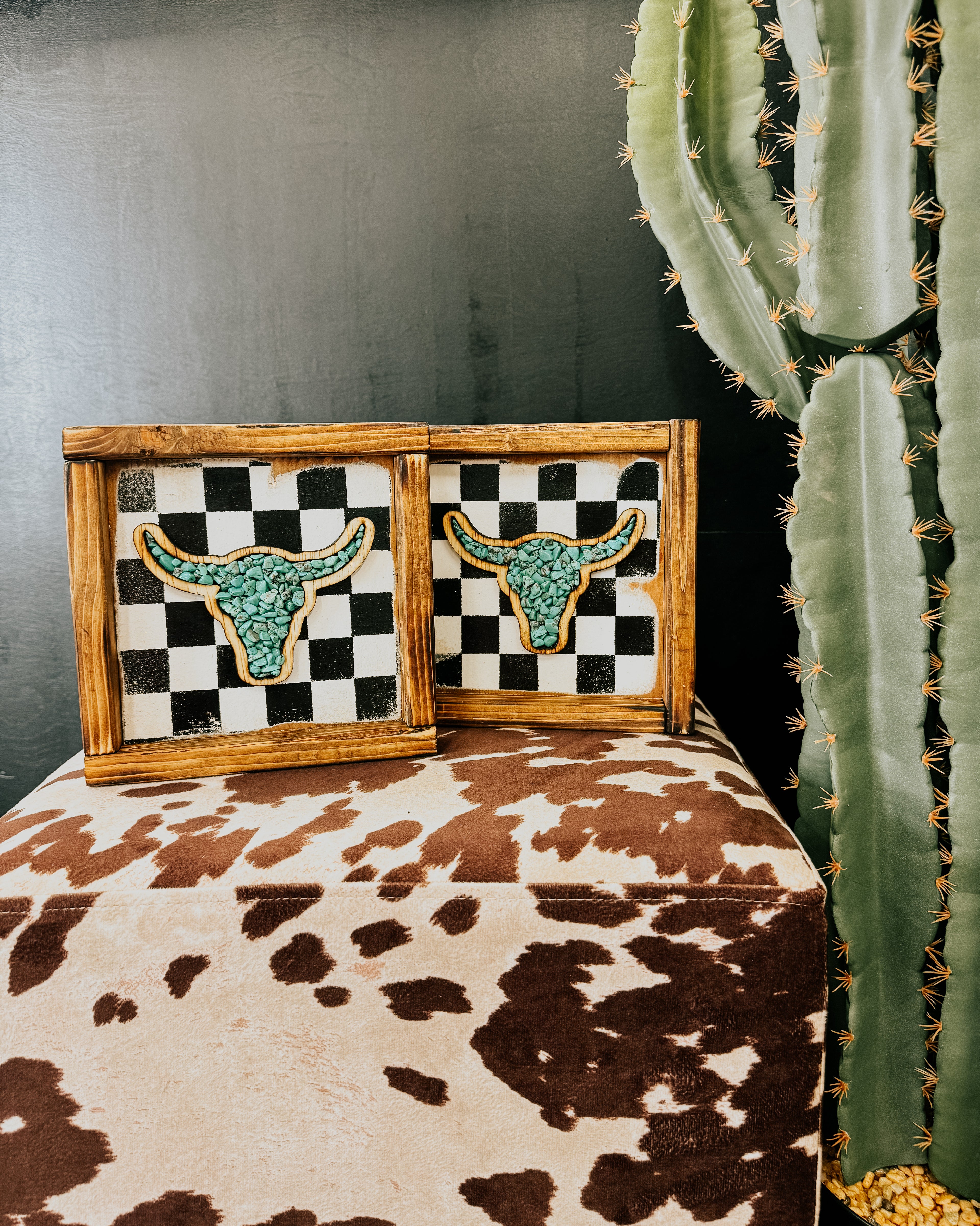 Steer & Cactus Small Checkered Stone Inlay Framed Sign