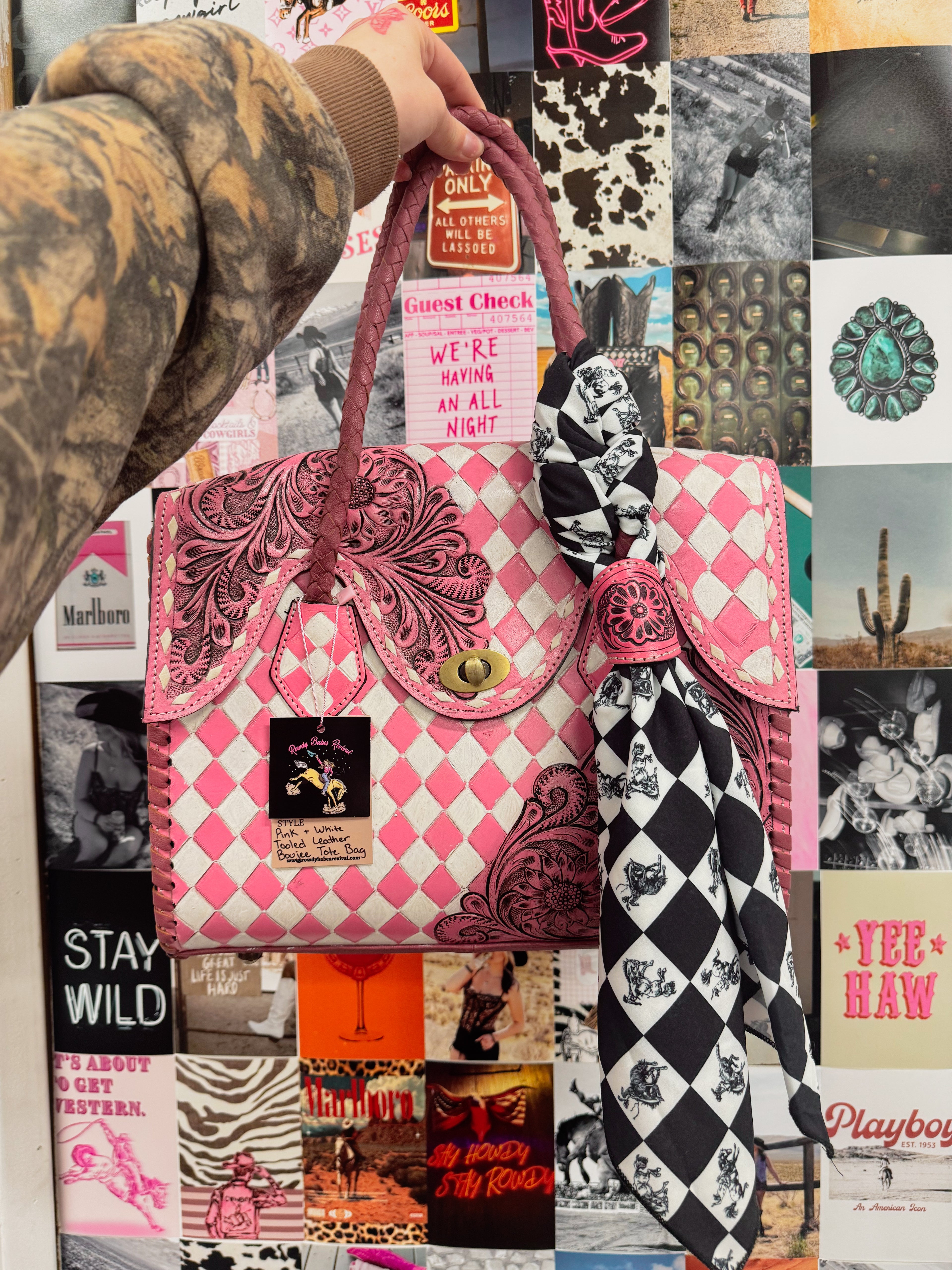 Pink & White Tooled Shoulder Bag