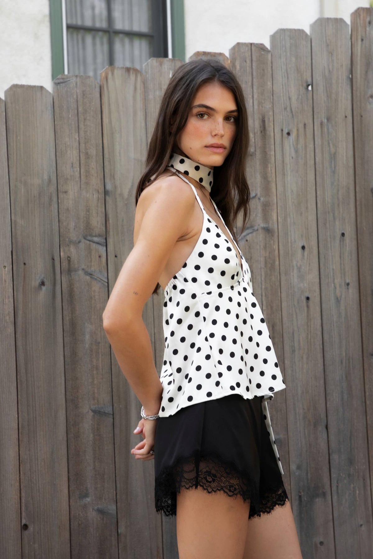 Polka Dot Satin Scarf Halter Babydoll Top