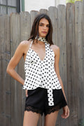 Polka Dot Satin Scarf Halter Babydoll Top