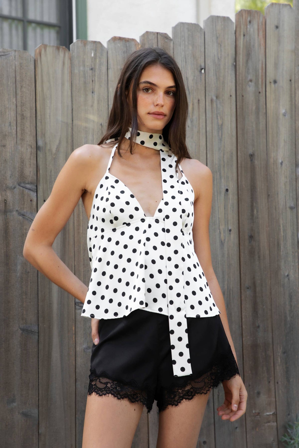 Polka Dot Satin Scarf Halter Babydoll Top